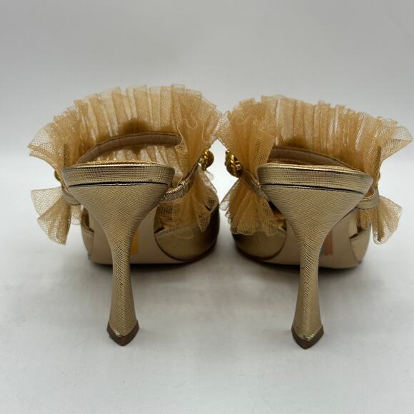 SAM EDELMAN Prosecco Hughes Mule Pump Tulle Embellished Gold Tan Sz 6.5 - Picture 6 of 8
